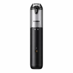 Máy hút bụi mini không dây Baseus A3lite màu đen, thân hình trụ nhỏ gọn, cốc chứa bụi trong suốt trên nền trắng.