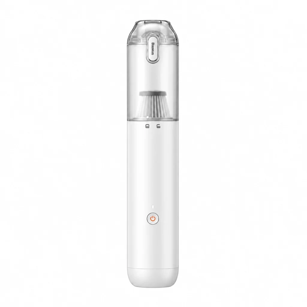 Máy hút bụi mini không dây Baseus A3lite màu trắng, cốc chứa bụi trong suốt, thiết kế hình trụ trên nền trắng.