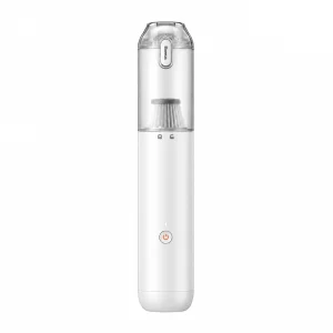 Máy hút bụi mini không dây Baseus A3lite màu trắng, cốc chứa bụi trong suốt, thiết kế hình trụ trên nền trắng.