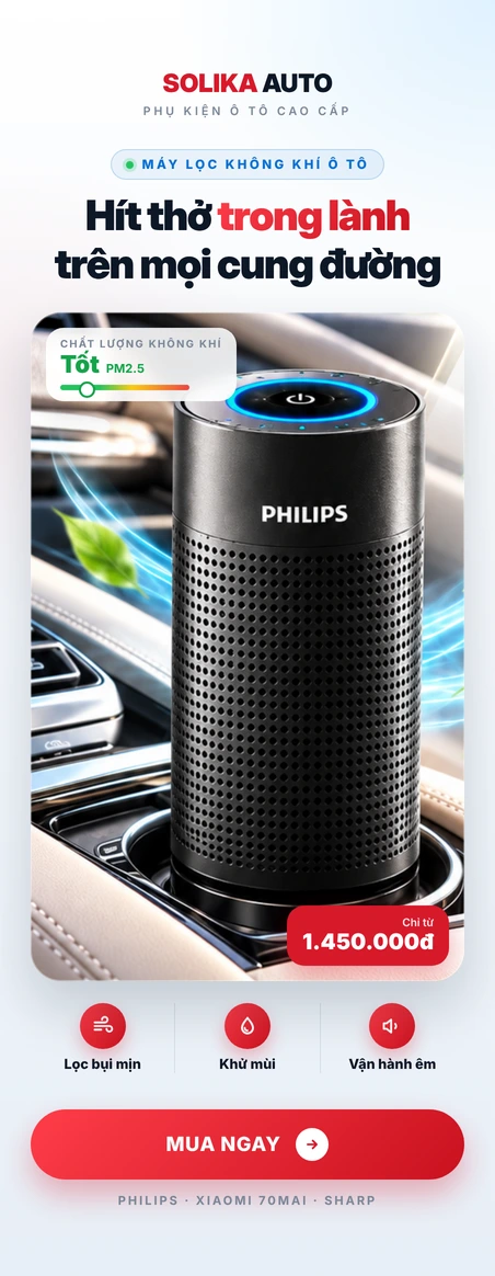 Máy lọc không khí ô tô Philips đặt hộc để cốc, lọc bụi mịn PM2.5, khử mùi – Solika Auto