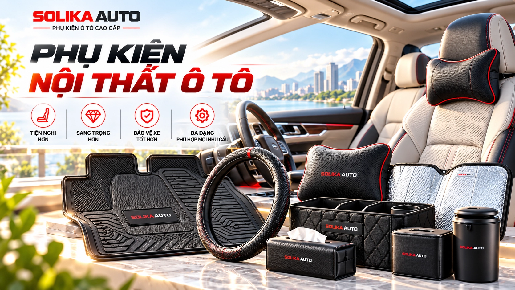 Phụ kiện nội thất ô tô SOLIKA AUTO gồm thảm sàn, gối tựa, bọc vô lăng và phụ kiện tiện nghi